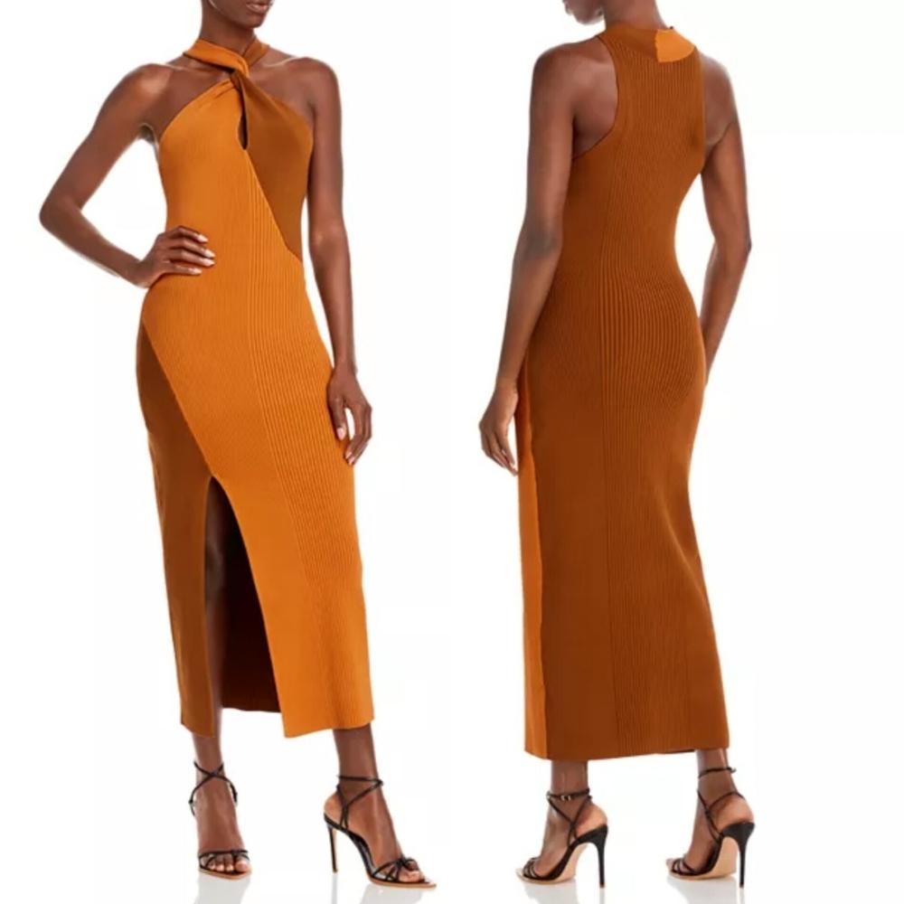 🔥NICHOLAS Aegle Knit Twisted Two-Tone Ribbed Halter Neck Midi Dress